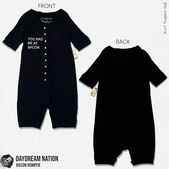 DAYDREAM NATION BACON ROMPER UNION SUIT IN BLACK COTTON/MODAL UNISEX SIZE SMALL - Picture 1 of 16